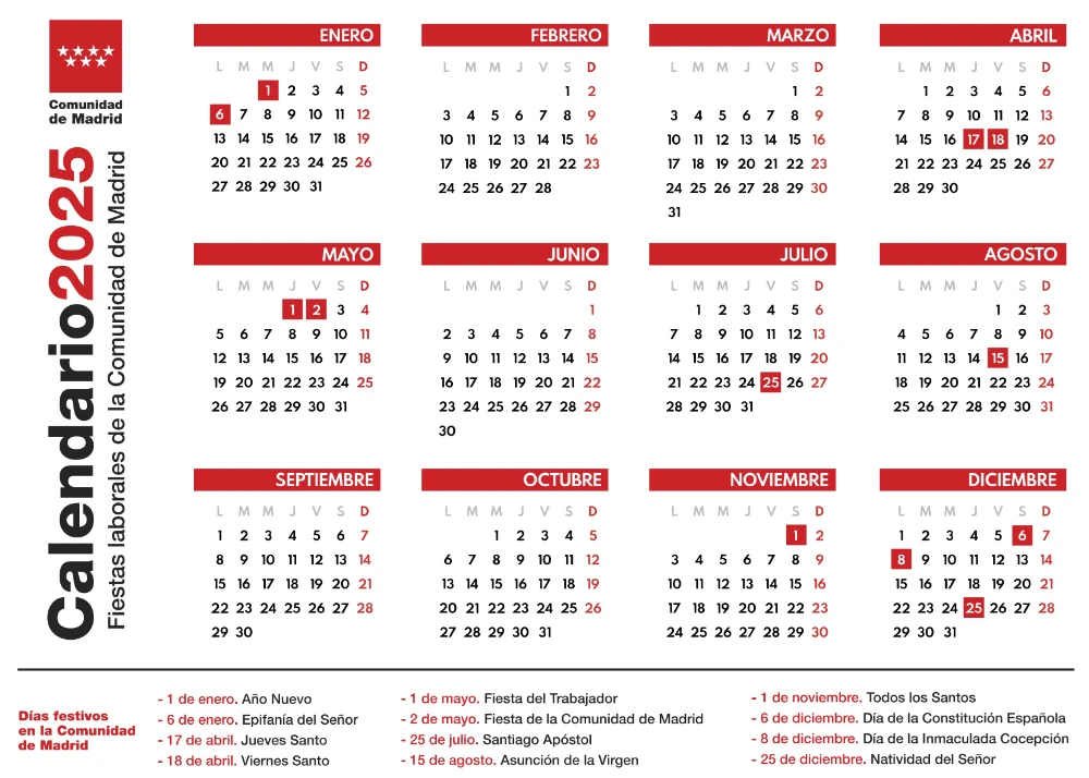 Calendario Laboral 2025 para la Comunidad de Madrid - ASPM Asociación del Secretariado Profesional de Madrid